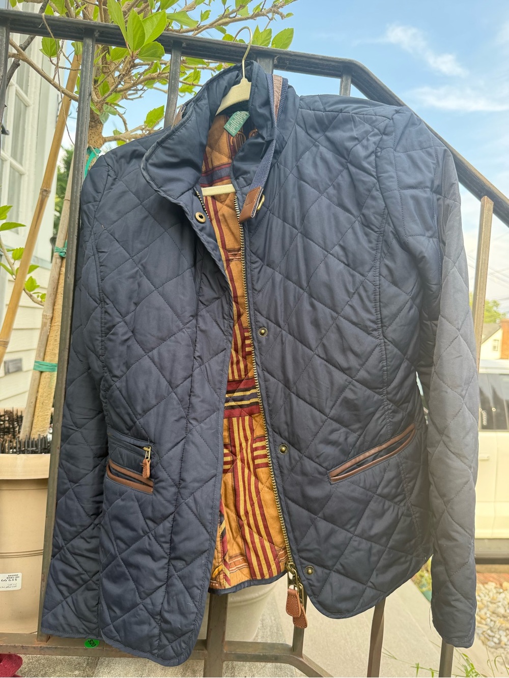Lauren Ralph Lauren Quilted Navy Puffer Jacket with Brown Trim